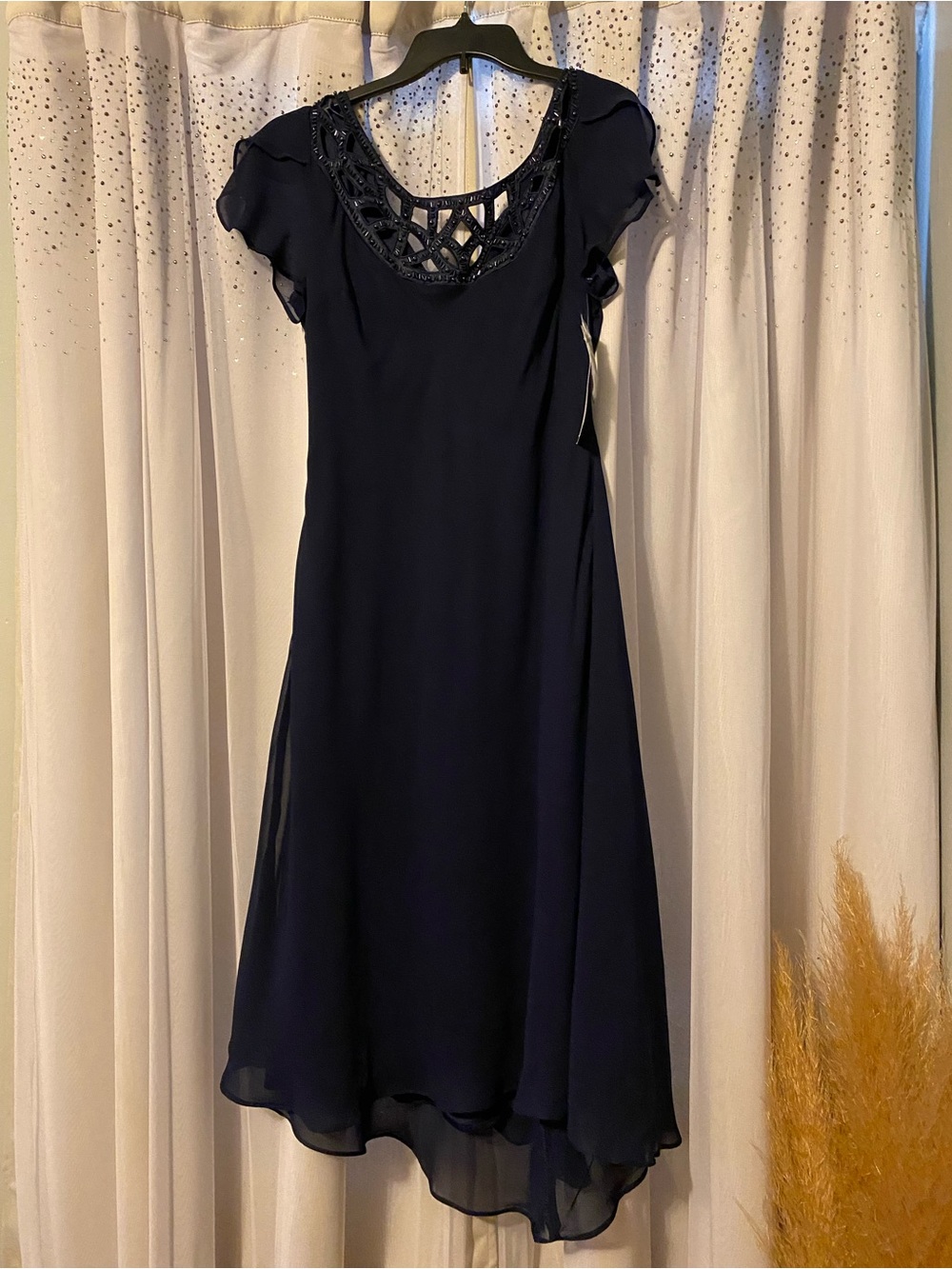S.L. FASHIONS NWT SIZE 14 BLUE BEADED NECK, V-BACK COCKTAIL DRESS - Picture 2 of 6